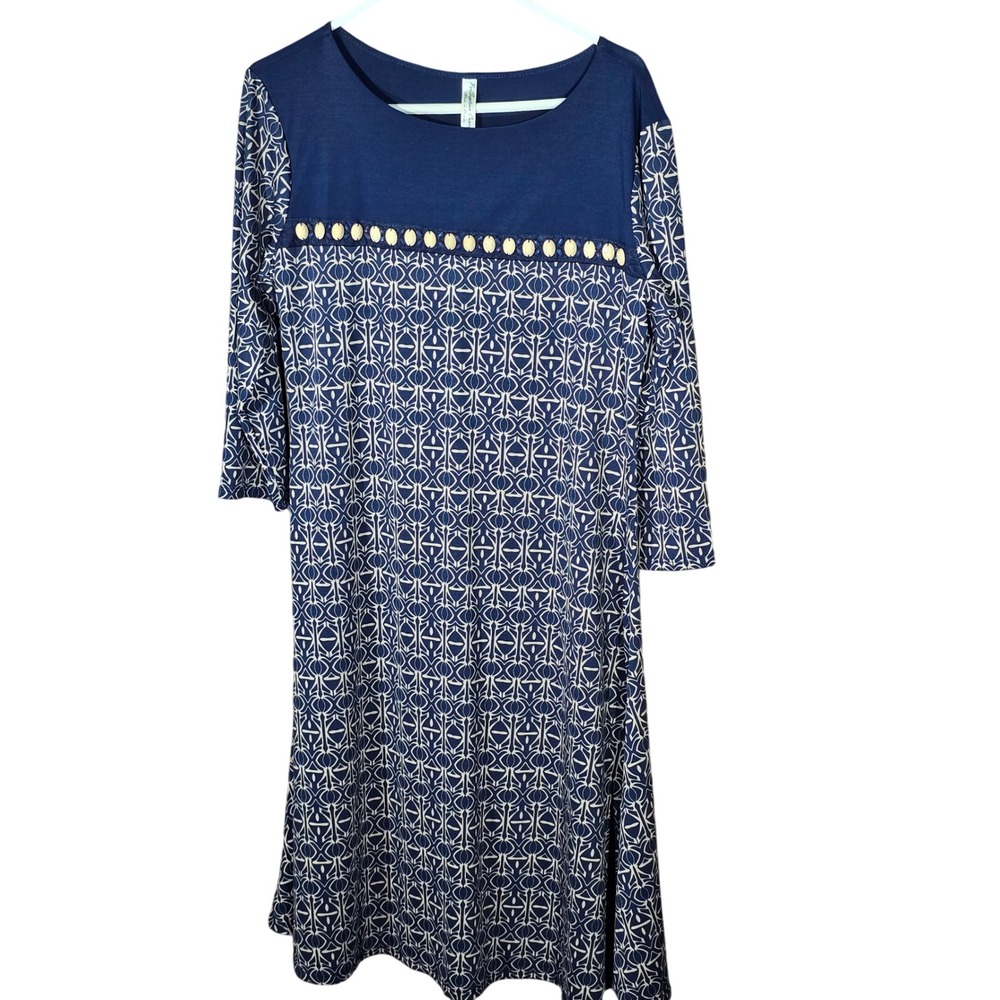 Perception Concept Dress Women XL Blue White Geometric Beaded 3/4 Sleeve